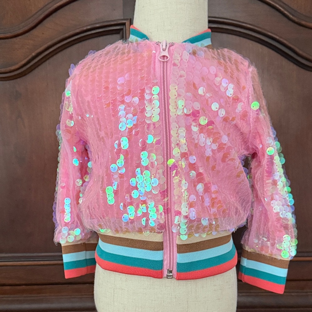 Marie Nicole Pink Iridescent Sequin Bomber Jacket Girls Boutique Zip Front
